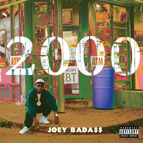 Album cover art for Joey Bada$$'s 2000 featuring a colorful street scene with large numerals '2000' and the artist crouching in front.