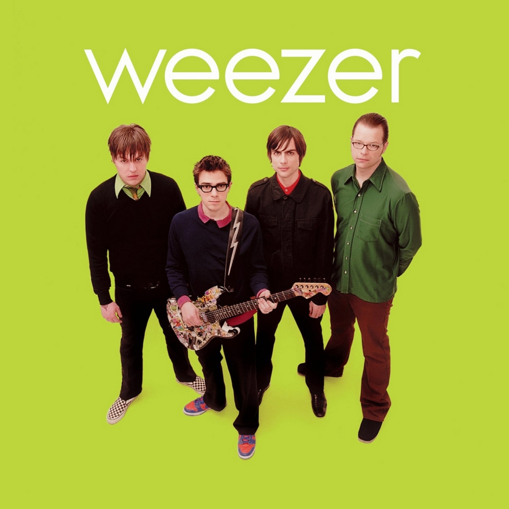 The cover image shows the band Weezer from the album 'Weezer (Green Album)'. The members are posing with their instruments, specifically a guitar, bass, and drums, against a green background.