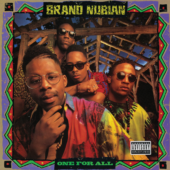 The image features the cover of the album "Brand Nubian - One For All 2LP + 7-Inch (30th Anniversary Edition)". The cover displays a vibrant and colorful graphic design with the members of the band, each wearing sunglasses and sporting various casual outfits.
