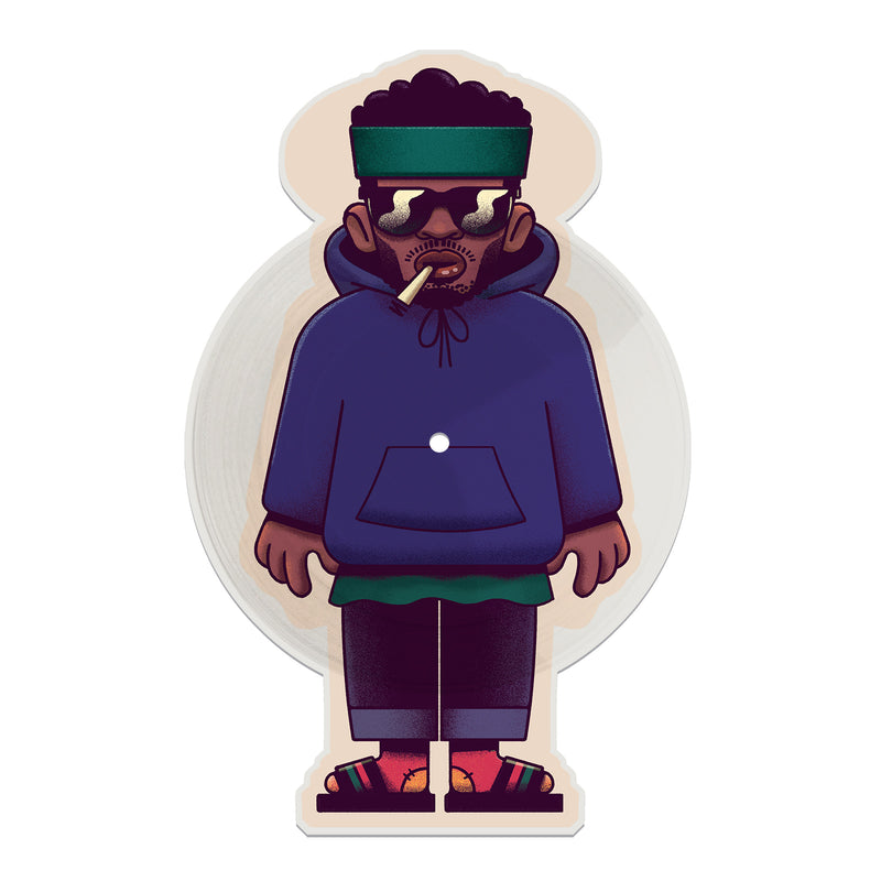 A 10-inch picture disc featuring an illustration of a person wearing a hooded sweatshirt and sunglasses.