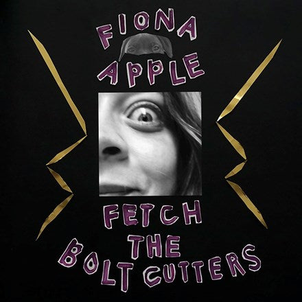 Album cover for Fiona Apple's 'Fetch The Bolt Cutters' featuring a black and white photo of Fiona Apple with stylized text and gold accents on a dark background.