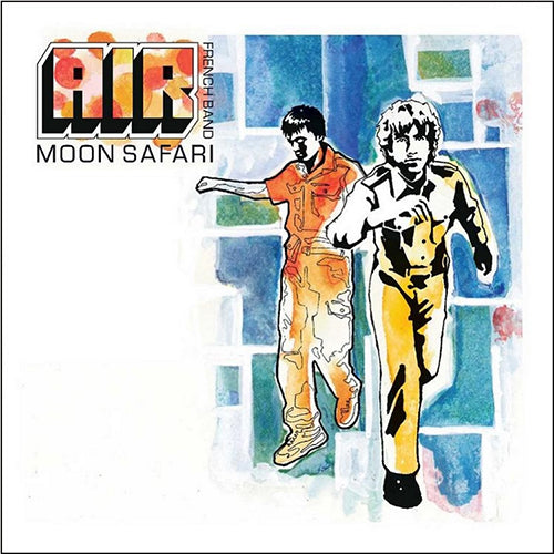 Album cover for Air's Moon Safari featuring an illustration of two characters walking in a stylized landscape.