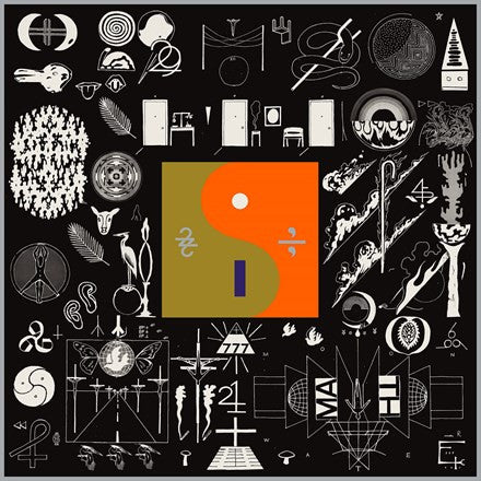 Album cover art for Bon Iver's 22, A Million featuring a black background with a variety of white line drawings and texts, arranged in a symmetrical pattern around a central orange and green design.