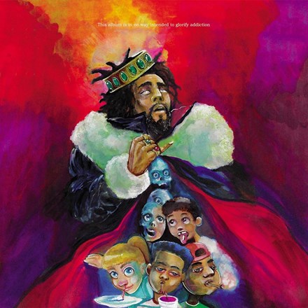Album cover art for J. Cole's KOD LP featuring a colorful illustration with J.
