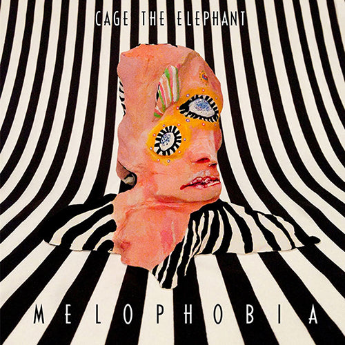 Album cover art for Cage The Elephant's Melophobia LP featuring a stylized, abstract illustration of a face with black and white stripes in the background.