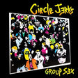 The image features the cover of the vinyl LP for "Circle Jerks - Group Sex" (40th Anniversary Edition). The cover displays a vibrant and colorful collage of a crowd of people, capturing the energetic and youthful spirit of the punk scene.