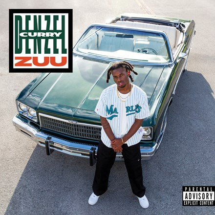 An album cover featuring Denzel Curry sitting in front of a classic car, with the album title 'Zuu' prominently displayed.