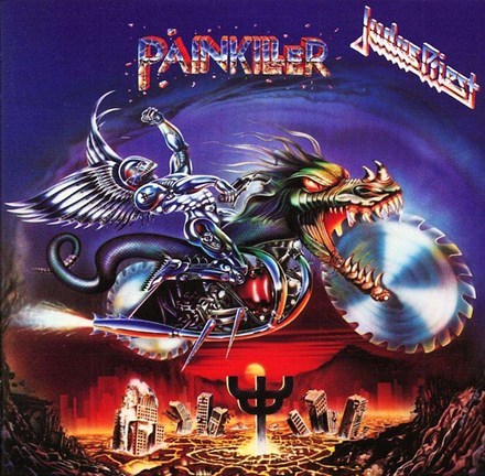 Album cover art for Judas Priest - Painkiller featuring a stylized illustration of a person on a motorcycle with a fantasy creature in the background, set against a dark background with a cityscape.