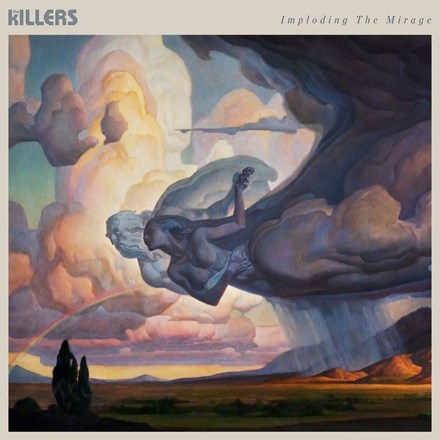 Album cover art for The Killers - Imploding The Mirage LP featuring a painting with a figure amidst dramatic clouds.