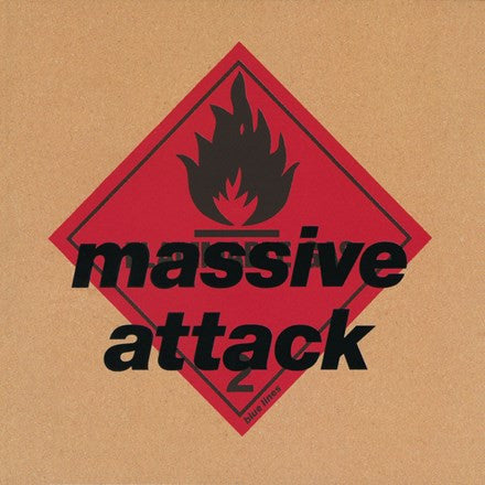 Album cover for Massive Attack's 'Blue Lines' featuring a red and black design with the band's name.