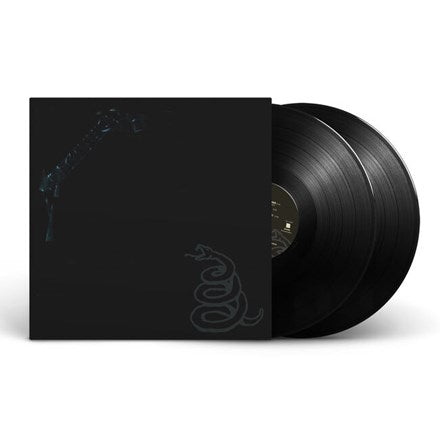 A black vinyl record album titled 'Metallica - Metallica (Black Album)': Remastered 2LP with a minimalistic cover design featuring a snake motif.