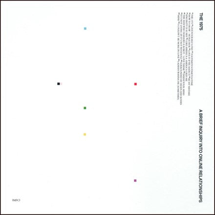 This image features the album cover for "A Brief Inquiry Into Online Relationships" by The 1975, presented in a sleek, minimalistic style. The cover is predominantly white with a clean design, except for a few strategically placed colored dots and a title at the top.