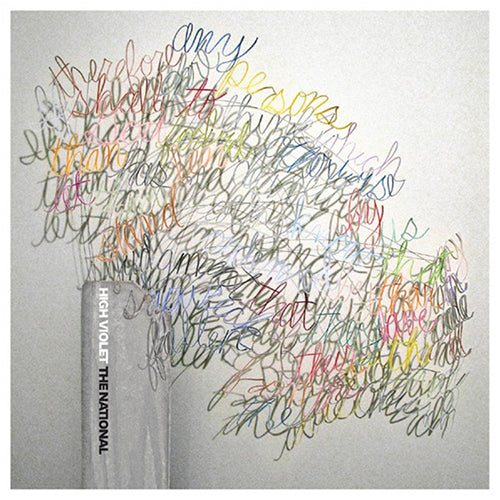 A colorful, abstract artwork on a album cover featuring multicolored lines and the text 'High Violet' and 'The National'.