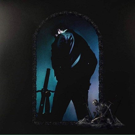 Album cover featuring a stylized image of a person in a dark setting with a large, ornate arch in the background, holding a sword and standing next to a skull.