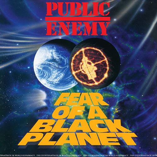 Album cover for Public Enemy's Fear of a Black Planet featuring a stylized design with text and celestial imagery.