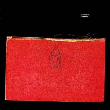 Radiohead - Amnesiac 2LP record album packaging with a red cover and a simple graphic of a skull and crossbones.