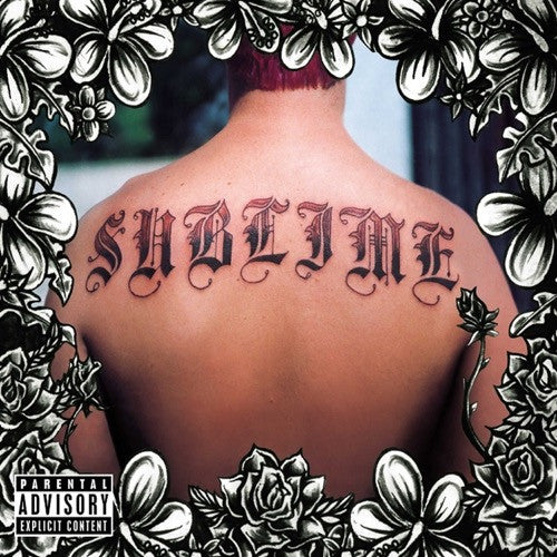 Album cover art featuring the name 'Sublime' in stylized text on a person's back, surrounded by floral designs.