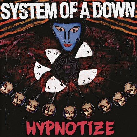 Album cover for System Of A Down - Hypnotize featuring a central figure with a blue face wearing a traditional mask, surrounded by multiple smaller masks in a symmetrical pattern.