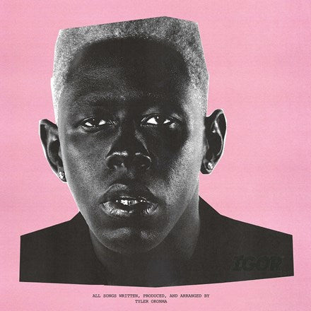CD cover art featuring a black and white photograph of Tyler, the Creator against a pink background.
