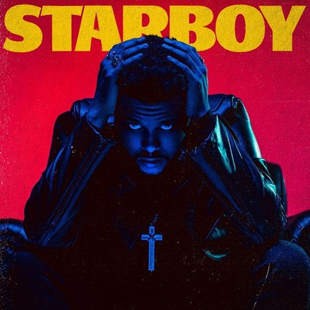 The Weeknd - Starboy 2LP (Red Vinyl) album cover featuring the artist with hands on head, wearing a leather jacket against a red background.