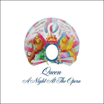 Album cover art for Queen's 'A Night At The Opera' featuring a colorful design with the band's logo and a dragon motif.