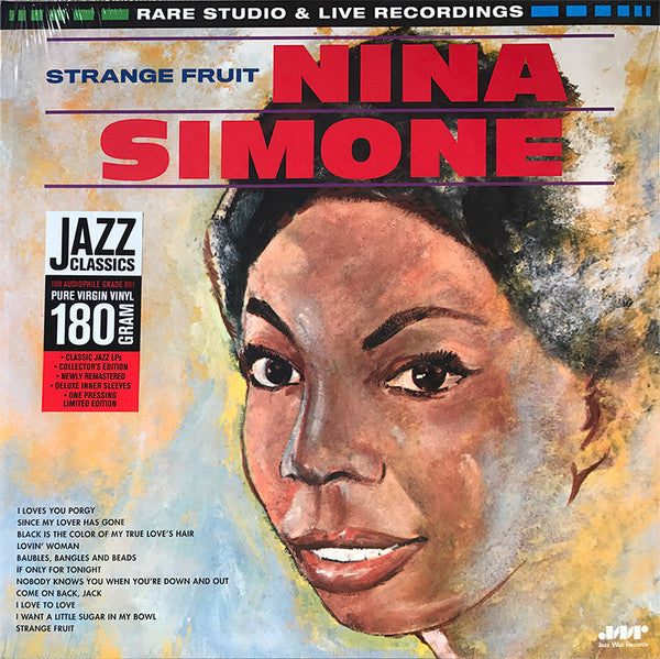 Cover art for Nina Simone's album 'Strange Fruit' featuring a portrait of Nina Simone with a red and purple abstract background, and text detailing the album title and tracklist.