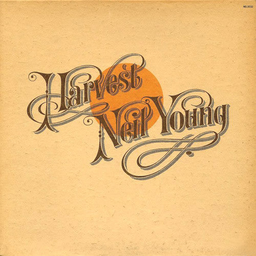 The cover of the 'Harvest' LP by Neil Young, featuring the artist's name in stylized text with an orange sun in the background.