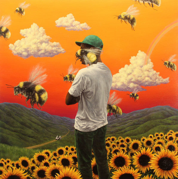 CD cover art featuring a stylized illustration of a person with a green hat and sunflowers in the foreground, with a vibrant orange background and numerous bees in the sky.
