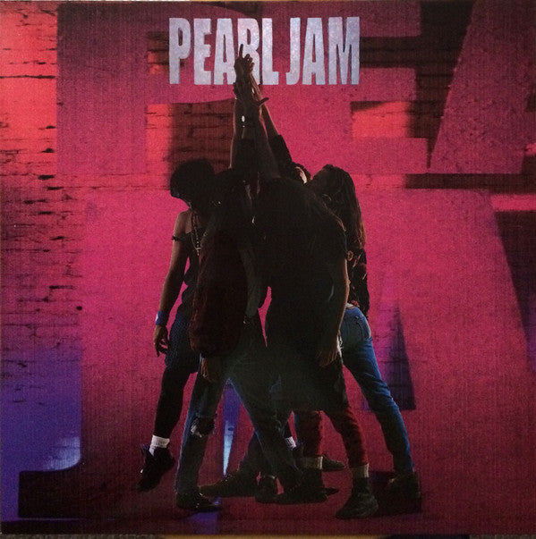 Pearl Jam album cover for 'Ten' featuring silhouettes of band members in front of a red and blue backdrop.