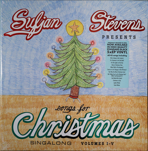 A colorful album cover for Sufjan Stevens - Songs For Christmas 5LP Box, featuring a drawing of a Christmas tree and the text '5xEP'.