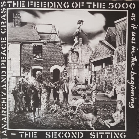 Album cover art for Crass - The Feeding Of The Five Thousand LP featuring a black and white illustration of a crowd of people around a statue, with the band's name and album title text.