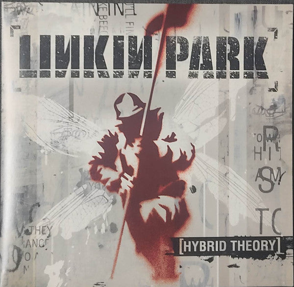 Linkin Park album cover for 'Hybrid Theory' featuring a stylized illustration of a person with a banner.