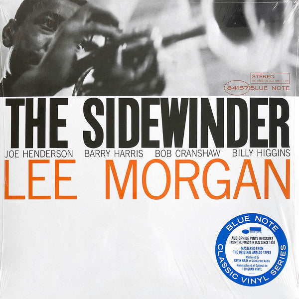 The product image features the cover art of the vinyl album 'The Sidewinder' by Lee Morgan. The album cover is predominantly black and white, with a monochrome photograph of Lee Morgan playing a trumpet.
