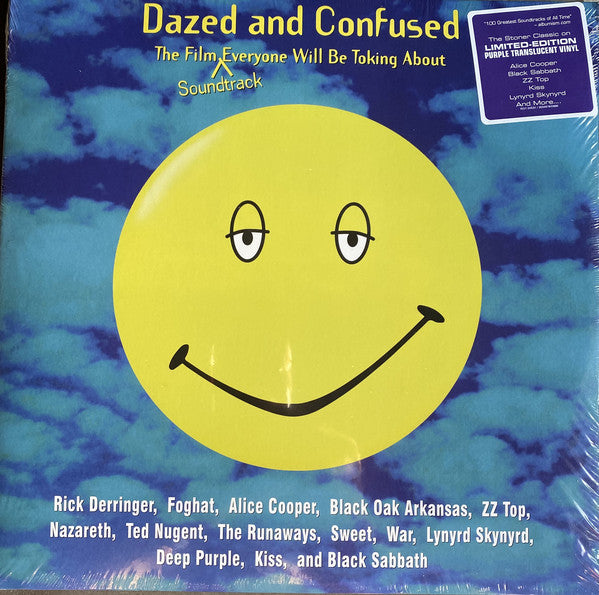 Limited edition vinyl soundtrack for the film 'Dazed And Confused', featuring a yellow smiley face on the cover with a blue background and text listing the artists and tracks.