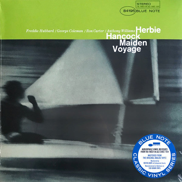 Herbie Hancock - Maiden Voyage LP record cover featuring a monochrome photograph of a person by the sea with the Blue Note label and product details.