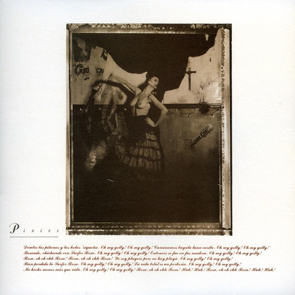 Album cover art for The Pixies - Surfer Rosa LP featuring a monochrome photograph of a person playing a drum set.
