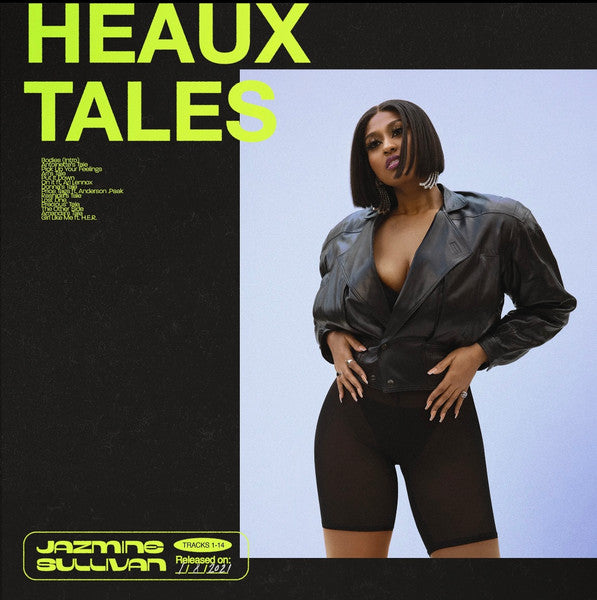 Jazmine Sullivan in a black leather jacket and shorts, posing for the Heaux Tales LP cover.