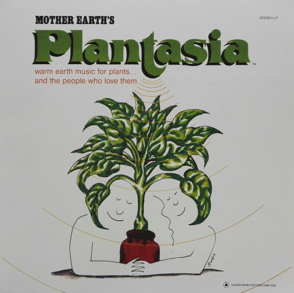 Album cover for Mort Garson's 'Mother Earth's Plantasia LP' featuring a illustration of a potted plant with human-like features embracing a person.