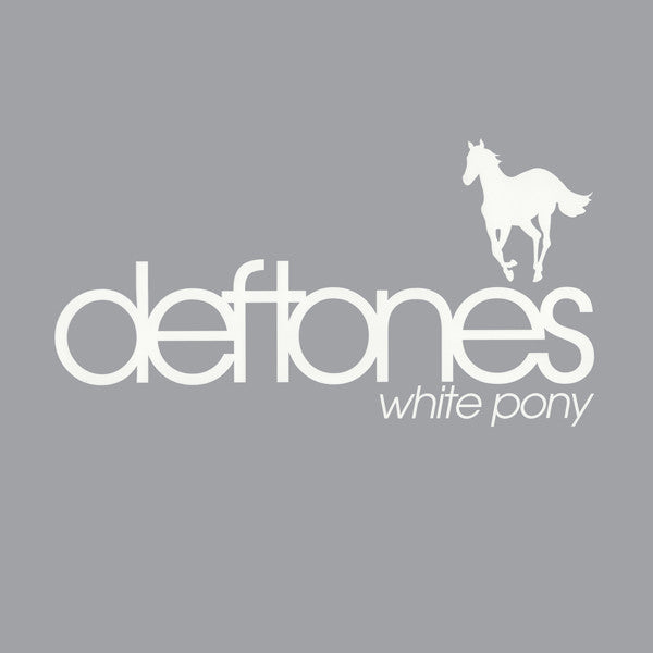 Product image for Deftones - White Pony 2LP with album cover art featuring the band's name in stylized font with a horse silhouette, against a grey background.
