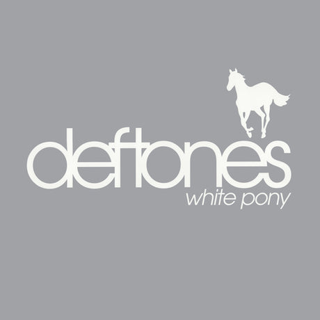 Product image for Deftones - White Pony 2LP with album cover art featuring the band's name in stylized font with a horse silhouette, against a grey background.