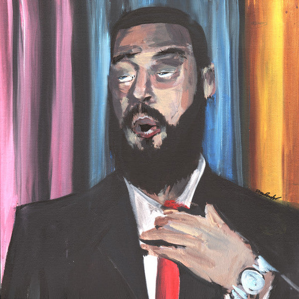 A painting of a man with a suit and tie wearing a watch, resembling the cover art for 'Your Old Droog - Yodney Dangerfield LP'.