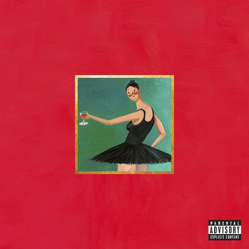 The image features the cover art for Kanye West's album "My Beautiful Dark Twisted Fantasy." The cover displays a stylized, artistic depiction of a woman in a black dress, holding a glass of champagne, and making a playful, exaggerated face.