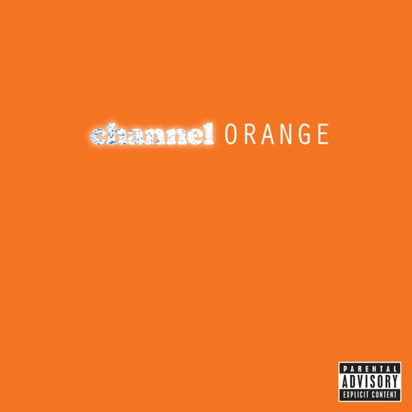 This image features the CD cover for Frank Ocean's album "Channel Orange." The cover is strikingly simple with a solid orange background and the album title displayed in a stylized white font that reads "channel orange.