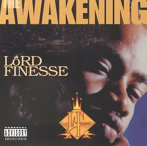 Album cover of 'The Awakening' by Lord Finesse featuring a close-up of a man's face with a focus on his eyes, against a dark background. The cover indicates a 25th anniversary edition with a 'PA' rating symbol.