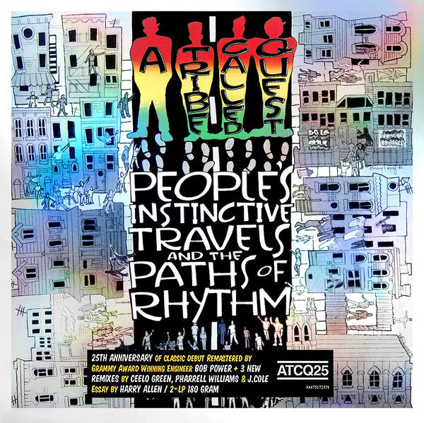 Album cover art for A Tribe Called Quest's 'People's Instinctive Travels And The Paths Of Rhythm' featuring a colorful illustration of a cityscape with band members' silhouettes.