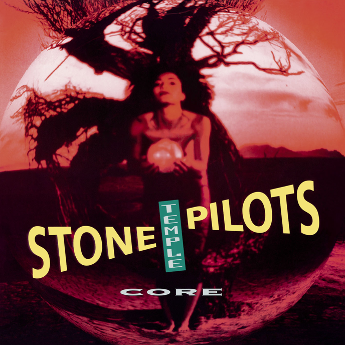 This image features the album cover for "Stone Temple Pilots - Core LP." The cover artwork is striking with its dark, moody background that includes a silhouette of a woman standing near a tree, holding a ball.
