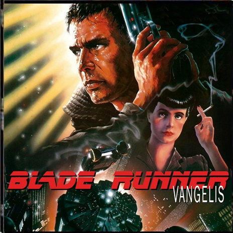 Cover artwork for Vangelis' Blade Runner Original Soundtrack LP featuring illustrations of the characters Rick Deckard and Rachel from the movie Blade Runner.