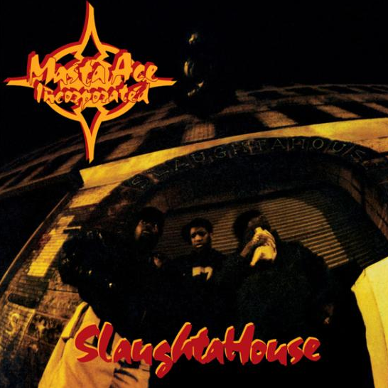 Album cover for Masta Ace - Slaughtahouse featuring three men posing in front of a dark, textured background with the title text and logo above.