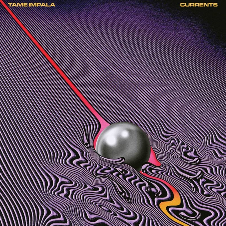 Album cover art for Tame Impala's 'Currents' featuring a purple and black patterned design with a red line and a metallic sphere.