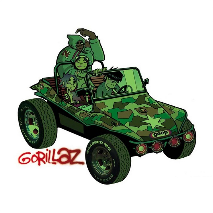 Illustration of a cartoon band members of Gorillaz in a camouflage patterned vehicle.